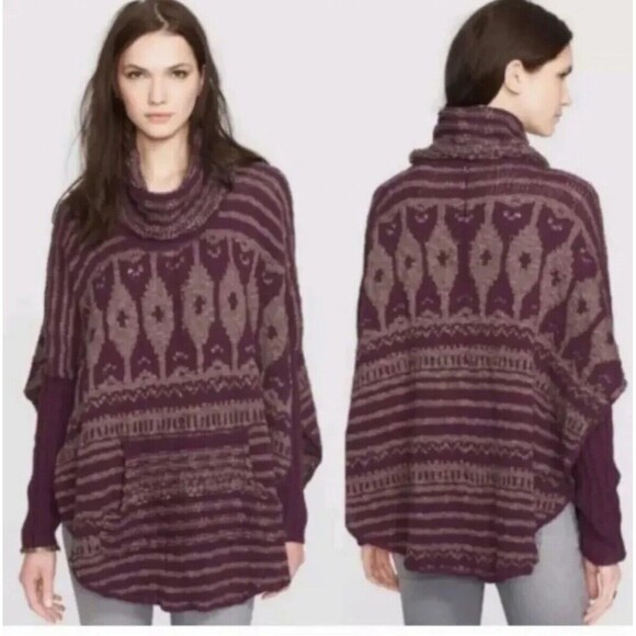 FREE PEOPLE Purple Mauve Rosie Lee Cowl Neck Chunky Oversized Poncho Sweater S - Picture 1 of 9